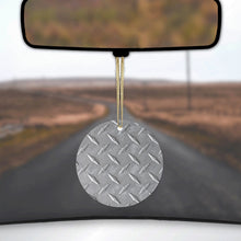 DistinctInk® Hanging Ceramic Christmas Tree Ornament with Gold String - Great Gift / Present - 2 3/4 inch Diameter - Grey Diamond Plate Steel Image Print