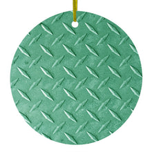 DistinctInk® Hanging Ceramic Christmas Tree Ornament with Gold String - Great Gift / Present - 2 3/4 inch Diameter - Green Diamond Plate Steel Image Print