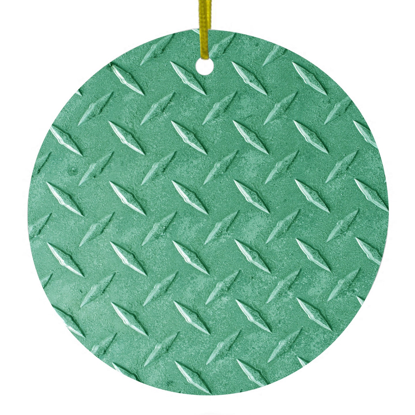 DistinctInk® Hanging Ceramic Christmas Tree Ornament with Gold String - Great Gift / Present - 2 3/4 inch Diameter - Green Diamond Plate Steel Image Print