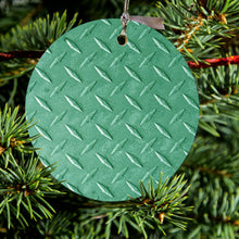DistinctInk® Hanging Ceramic Christmas Tree Ornament with Gold String - Great Gift / Present - 2 3/4 inch Diameter - Green Diamond Plate Steel Image Print