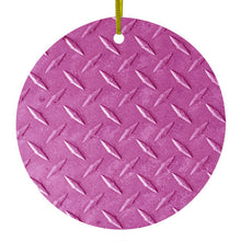 DistinctInk® Hanging Ceramic Christmas Tree Ornament with Gold String - Great Gift / Present - 2 3/4 inch Diameter - Hot Pink Diamond Plate Steel Image Print