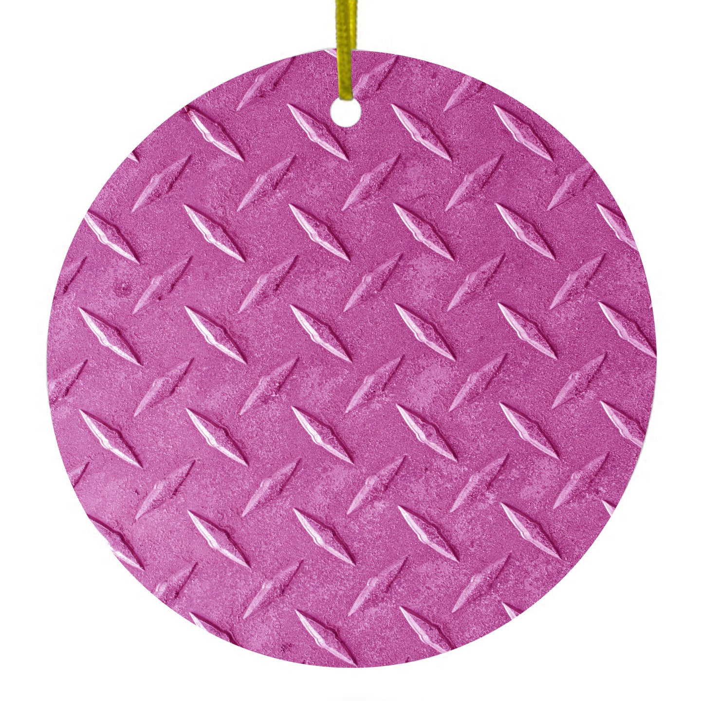 DistinctInk® Hanging Ceramic Christmas Tree Ornament with Gold String - Great Gift / Present - 2 3/4 inch Diameter - Hot Pink Diamond Plate Steel Image Print