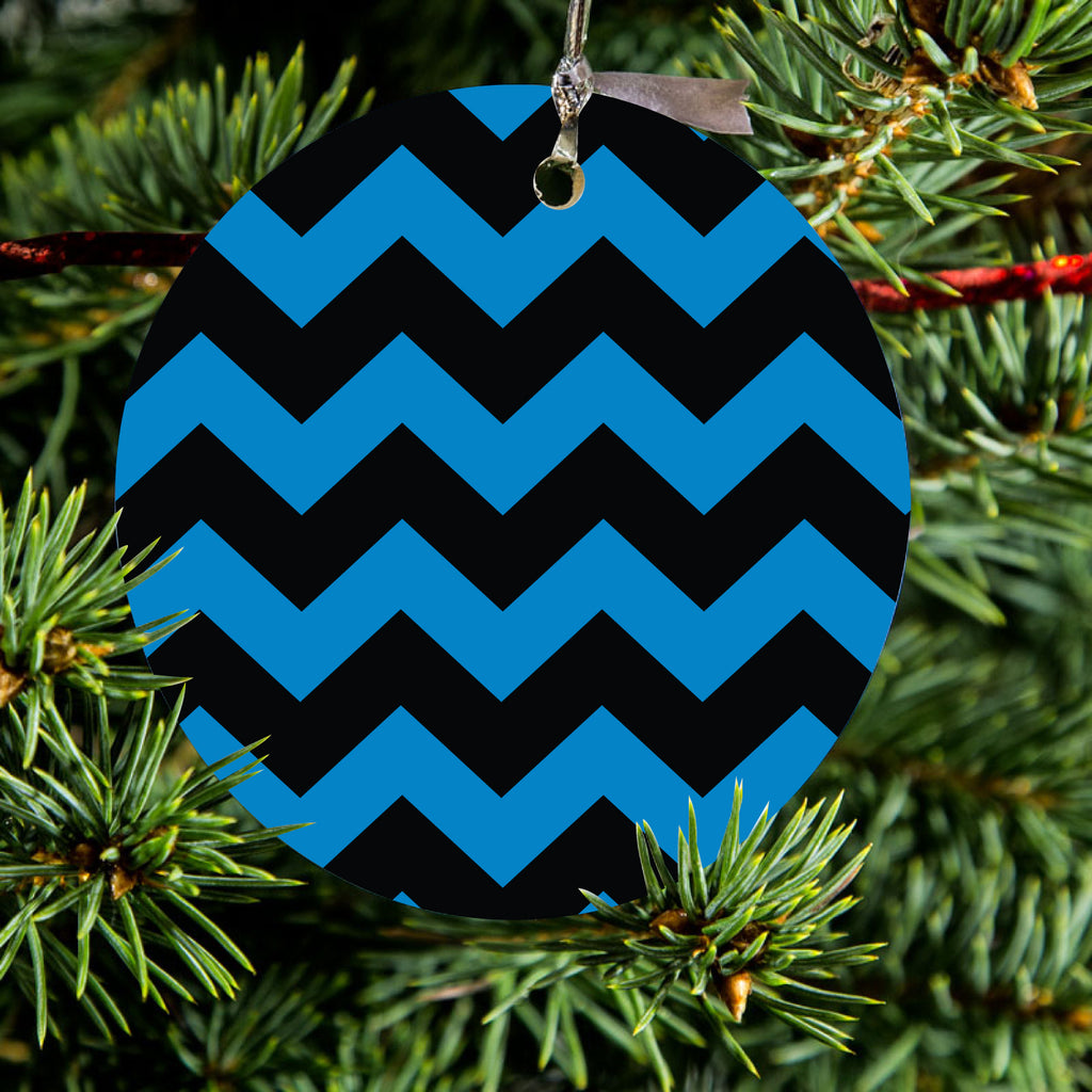 Black Blue Chevron Stripes Ceramic Ornament, view 2