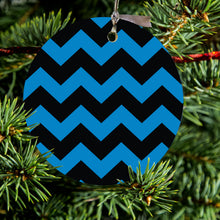 DistinctInk® Hanging Ceramic Christmas Tree Ornament with Gold String - Great Gift / Present - 2 3/4 inch Diameter - Black Blue Chevron Stripes