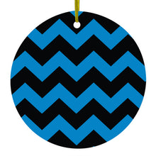 DistinctInk® Hanging Ceramic Christmas Tree Ornament with Gold String - Great Gift / Present - 2 3/4 inch Diameter - Black Blue Chevron Stripes