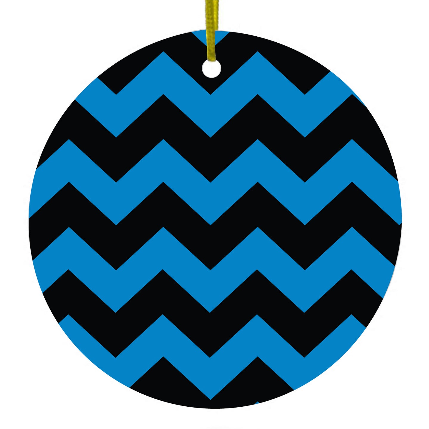 DistinctInk® Hanging Ceramic Christmas Tree Ornament with Gold String - Great Gift / Present - 2 3/4 inch Diameter - Black Blue Chevron Stripes