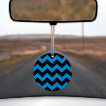 DistinctInk® Hanging Ceramic Christmas Tree Ornament with Gold String - Great Gift / Present - 2 3/4 inch Diameter - Black Blue Chevron Stripes