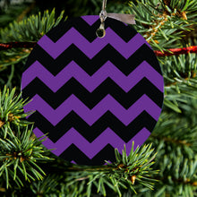 DistinctInk® Hanging Ceramic Christmas Tree Ornament with Gold String - Great Gift / Present - 2 3/4 inch Diameter - Black Purple Chevron Stripes