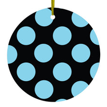 DistinctInk® Hanging Ceramic Christmas Tree Ornament with Gold String - Great Gift / Present - 2 3/4 inch Diameter - Black Blue Polka Dots