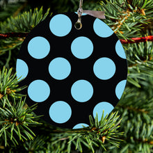 DistinctInk® Hanging Ceramic Christmas Tree Ornament with Gold String - Great Gift / Present - 2 3/4 inch Diameter - Black Blue Polka Dots
