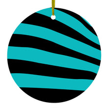 DistinctInk® Hanging Ceramic Christmas Tree Ornament with Gold String - Great Gift / Present - 2 3/4 inch Diameter - Teal Black Zebra Stripes