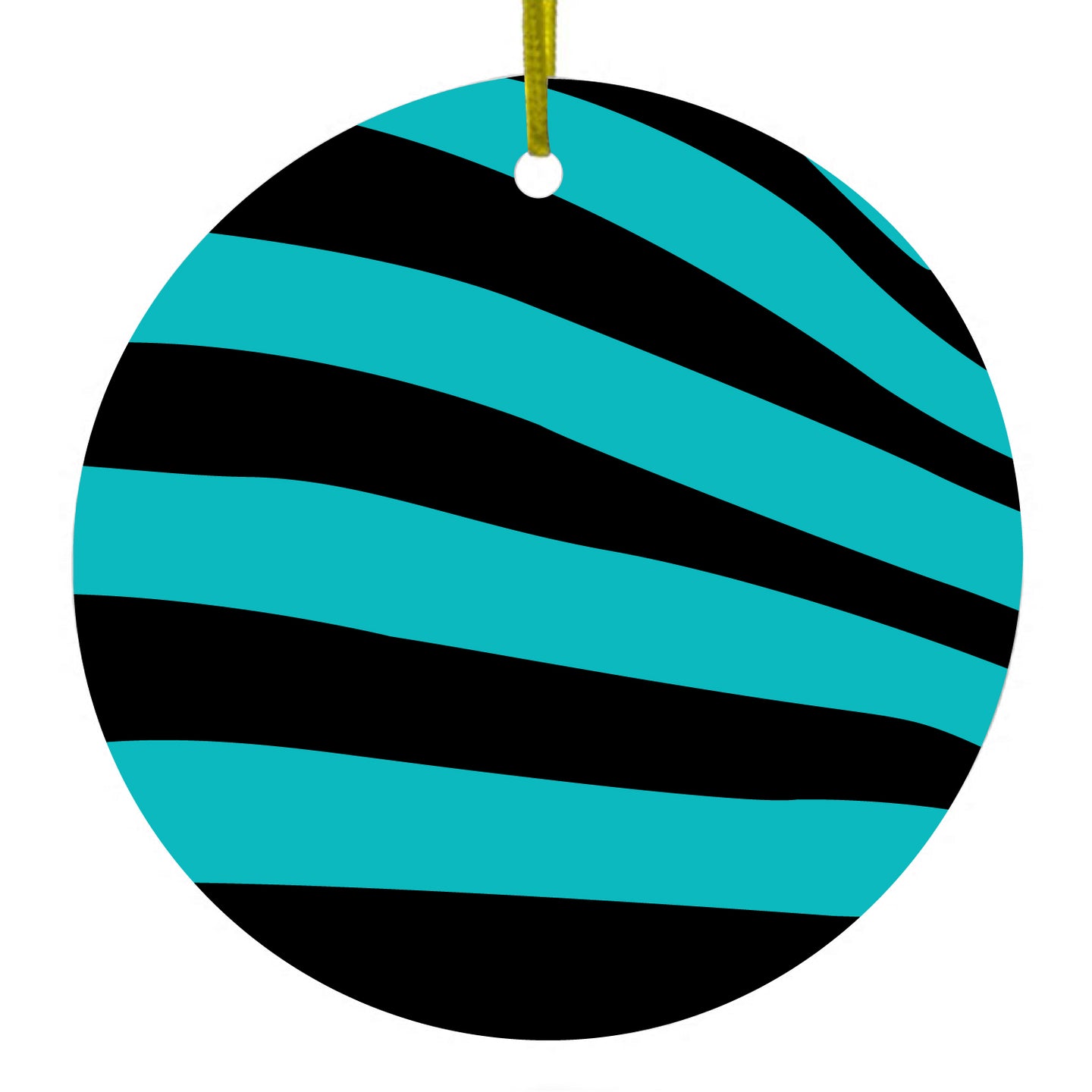 DistinctInk® Hanging Ceramic Christmas Tree Ornament with Gold String - Great Gift / Present - 2 3/4 inch Diameter - Teal Black Zebra Stripes