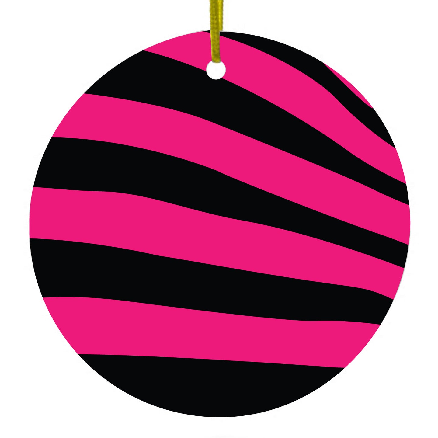 DistinctInk® Hanging Ceramic Christmas Tree Ornament with Gold String - Great Gift / Present - 2 3/4 inch Diameter - Black Hot Pink Zebra Skin Stripes
