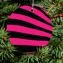 DistinctInk® Hanging Ceramic Christmas Tree Ornament with Gold String - Great Gift / Present - 2 3/4 inch Diameter - Black Hot Pink Zebra Skin Stripes