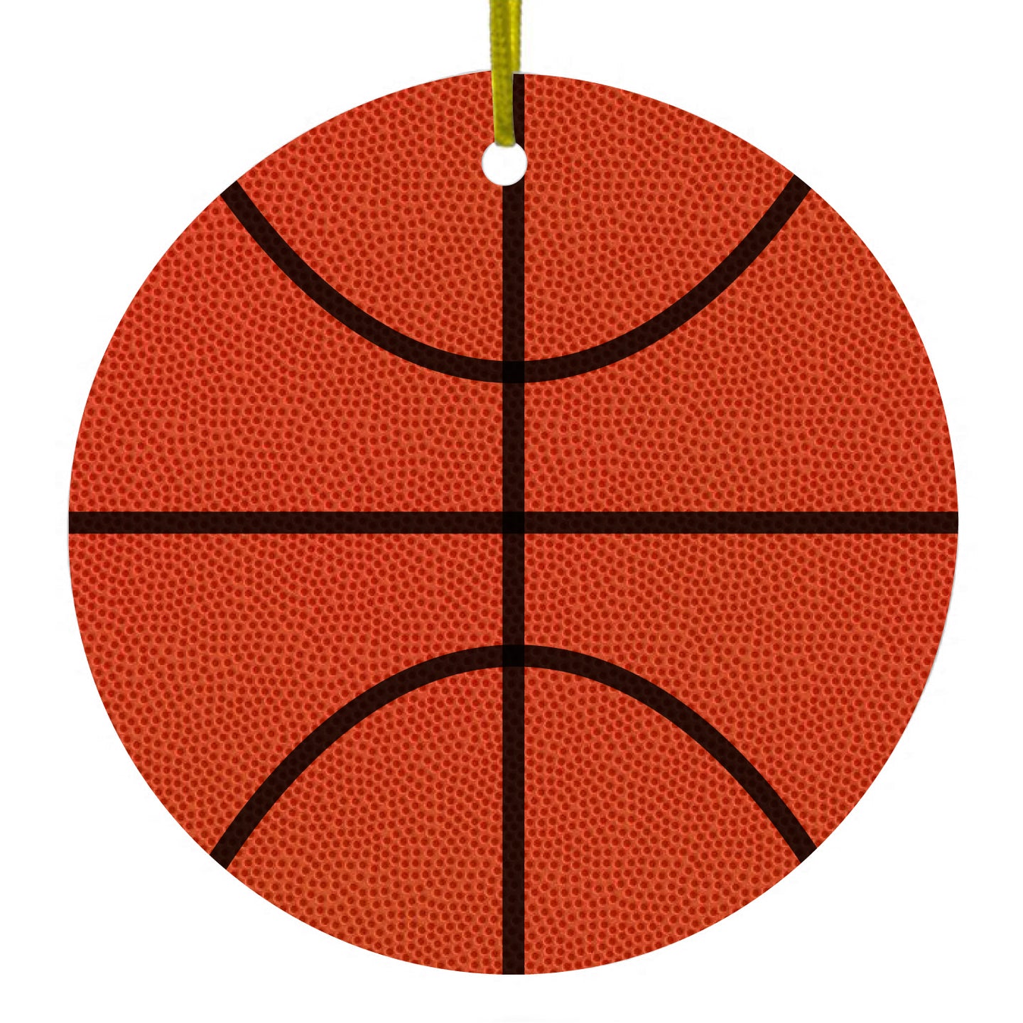 DistinctInk® Hanging Ceramic Christmas Tree Ornament with Gold String - Great Gift / Present - 2 3/4 inch Diameter - Basketball Drawing
