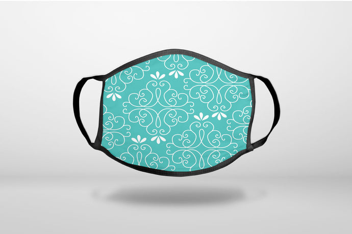 Teal White Floral - 3-Ply Reusable Soft Face Mask Covering, Unisex, Cotton Inner Layer