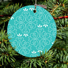 Teal White Floral Ceramic Ornament
