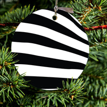 DistinctInk® Hanging Ceramic Christmas Tree Ornament with Gold String - Great Gift / Present - 2 3/4 inch Diameter - Black White Zebra Skin Stripes