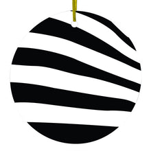 DistinctInk® Hanging Ceramic Christmas Tree Ornament with Gold String - Great Gift / Present - 2 3/4 inch Diameter - Black White Zebra Skin Stripes