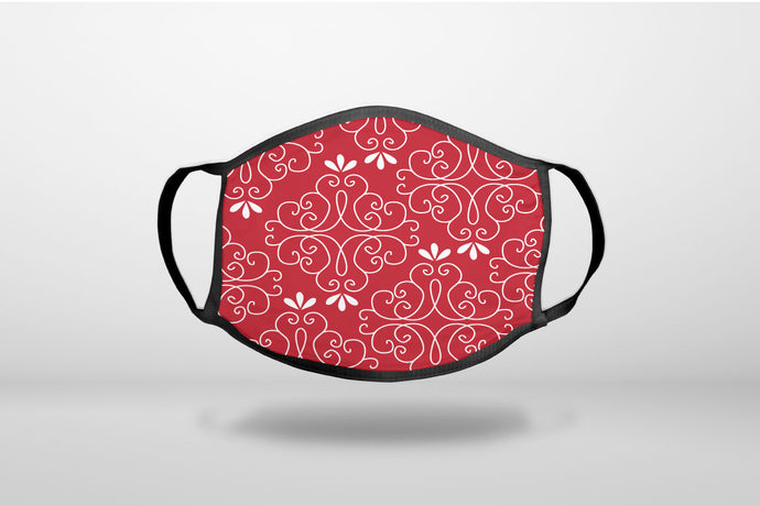Dark Red White Floral - 3-Ply Reusable Soft Face Mask Covering, Unisex, Cotton Inner Layer