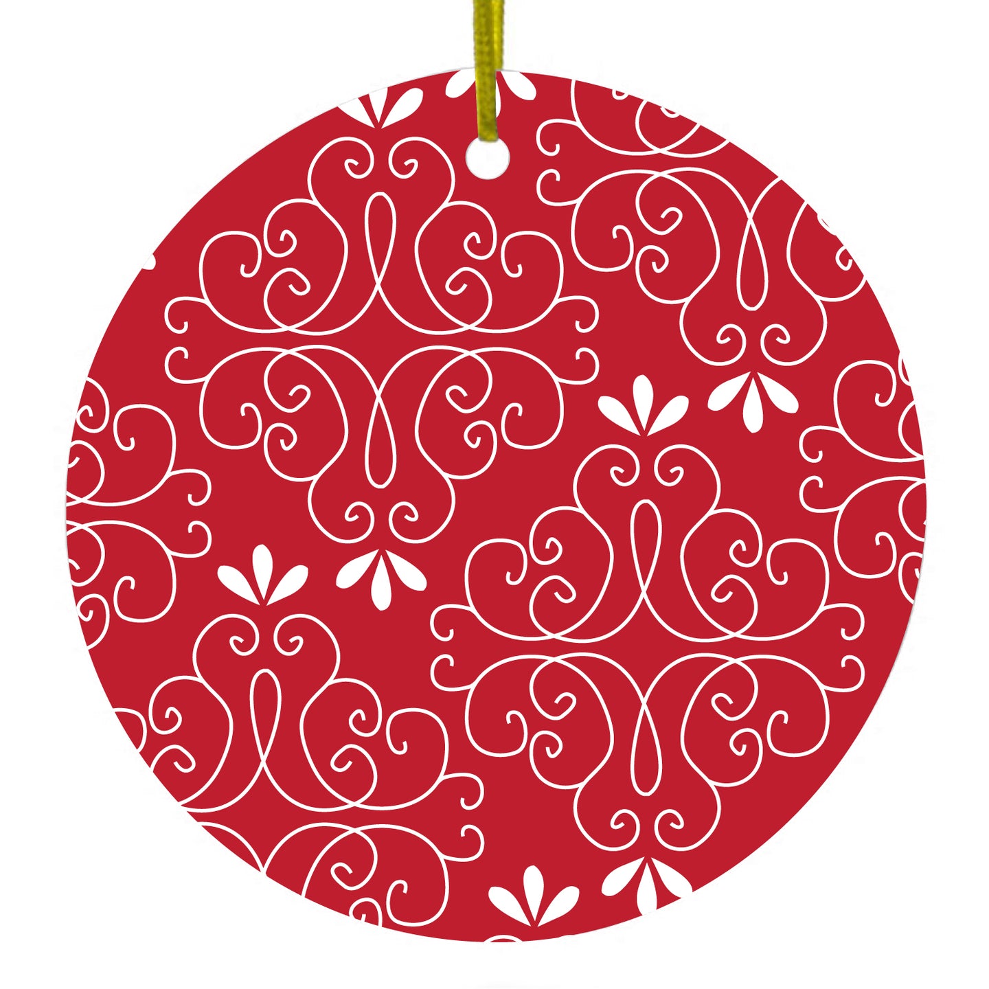 DistinctInk® Hanging Ceramic Christmas Tree Ornament with Gold String - Great Gift / Present - 2 3/4 inch Diameter - Dark Red White Floral