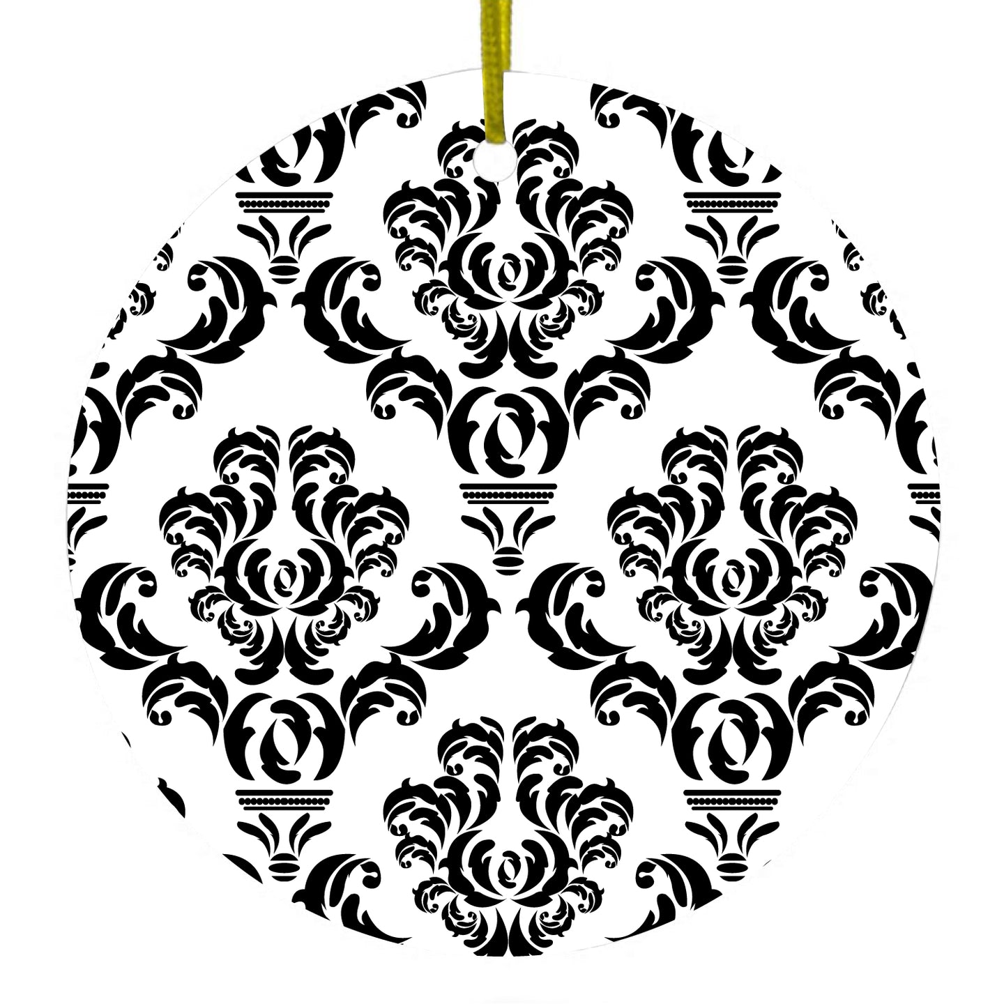 DistinctInk® Hanging Ceramic Christmas Tree Ornament with Gold String - Great Gift / Present - 2 3/4 inch Diameter - White Black Damask Pattern