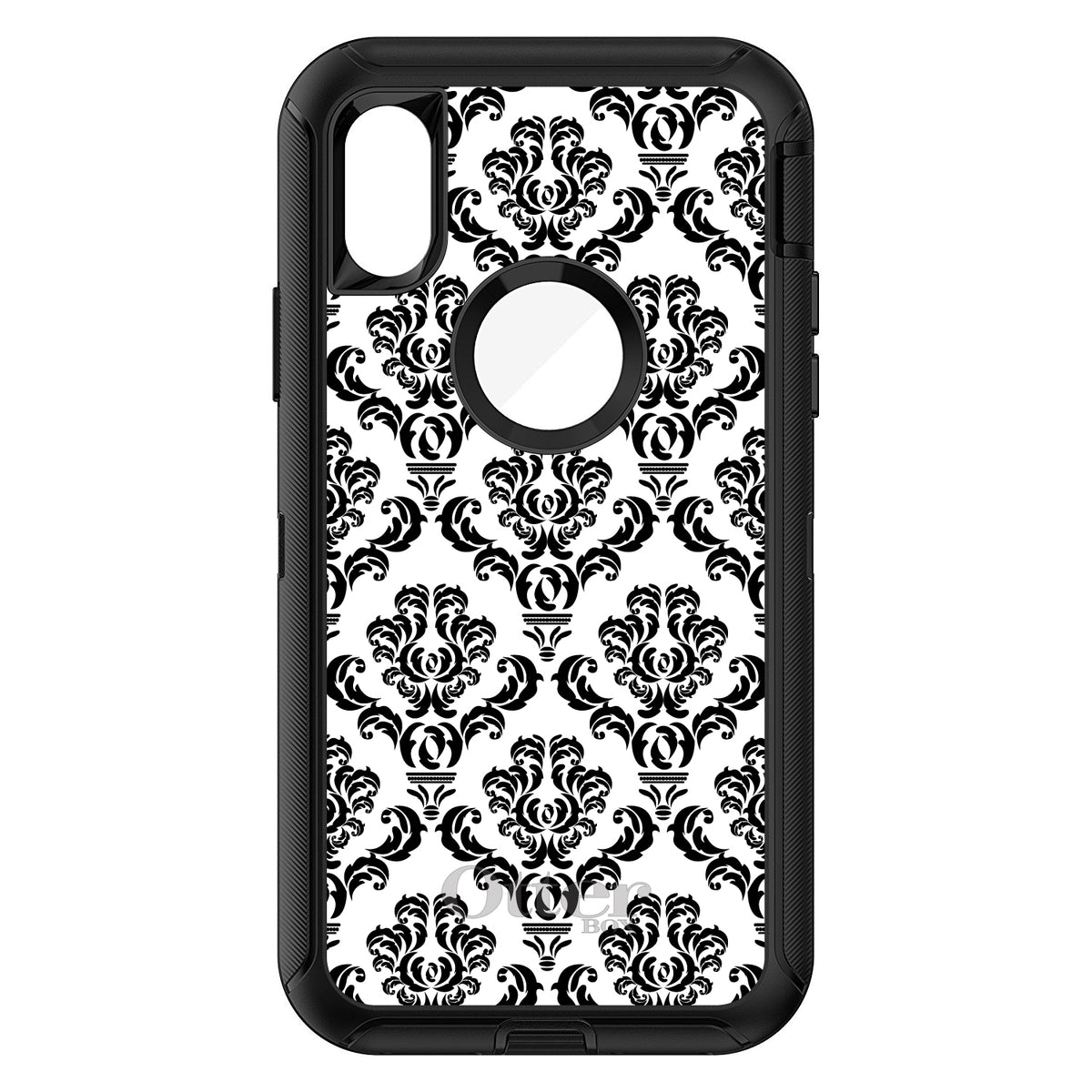 White Black Damask Pattern OtterBox Defender Case for iPhone & Galaxy, view 3