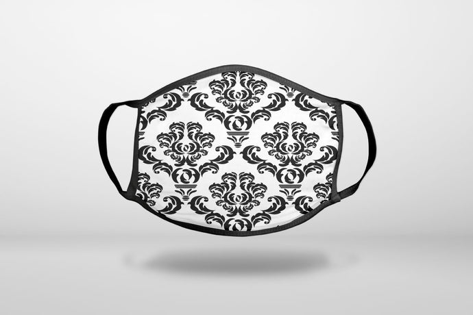 White Black Damask Pattern - 3-Ply Reusable Soft Face Mask Covering, Unisex, Cotton Inner Layer