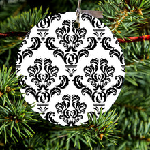 DistinctInk® Hanging Ceramic Christmas Tree Ornament with Gold String - Great Gift / Present - 2 3/4 inch Diameter - White Black Damask Pattern