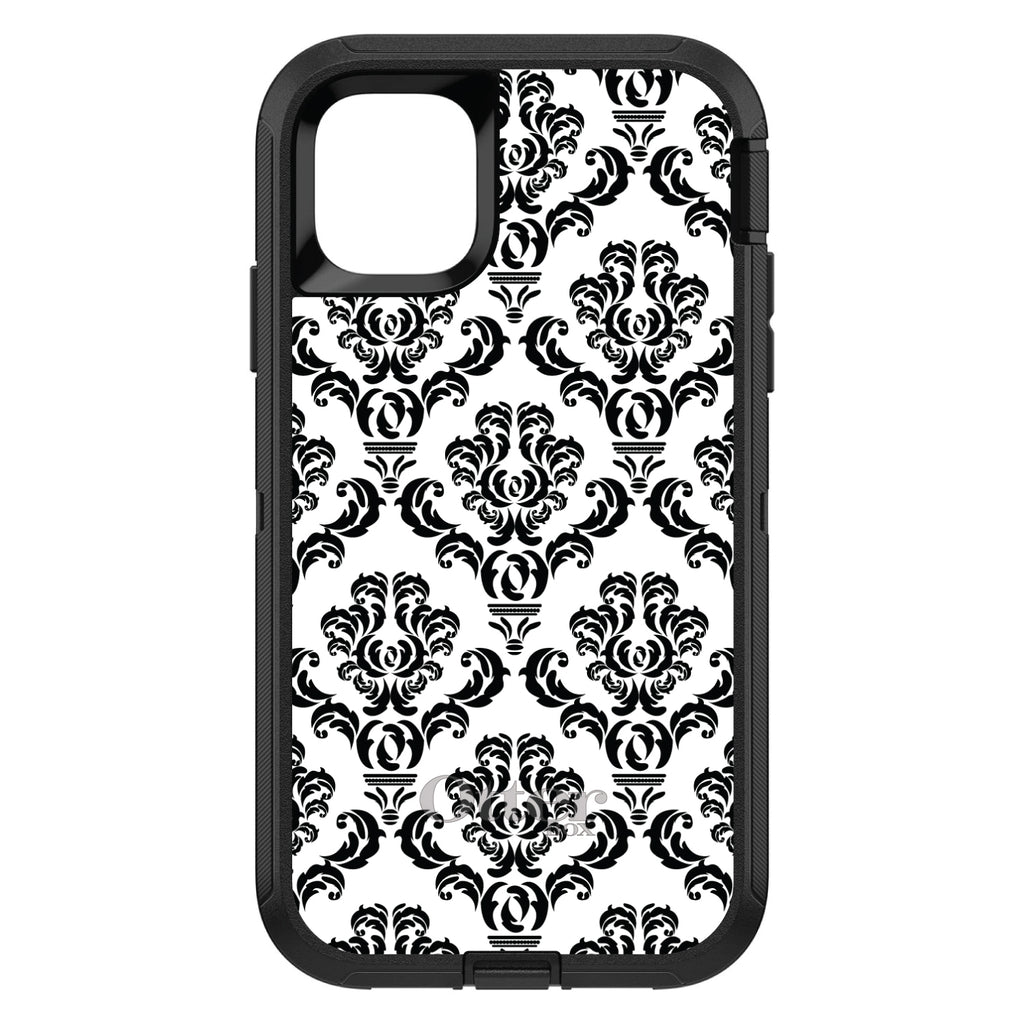 White Black Damask Pattern OtterBox Defender Case for iPhone & Galaxy, view 2