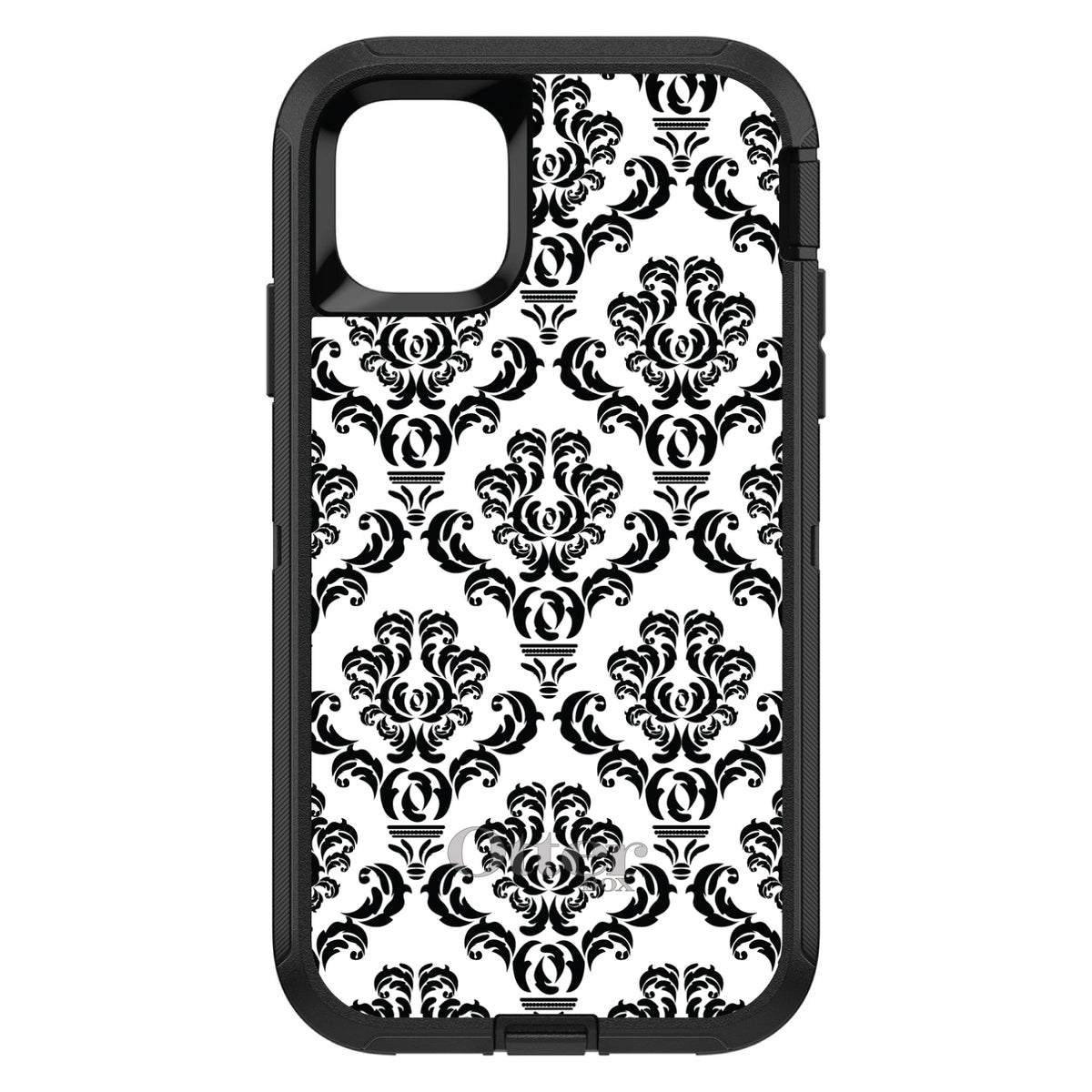 White Black Damask Pattern OtterBox Defender Case for iPhone & Galaxy, view 2