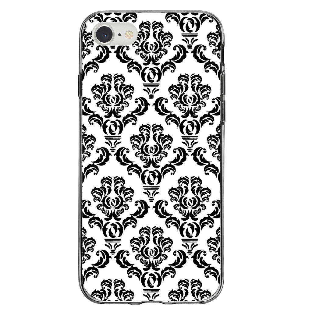 White Black Damask Pattern Clear Shockproof iPhone Case, view 5