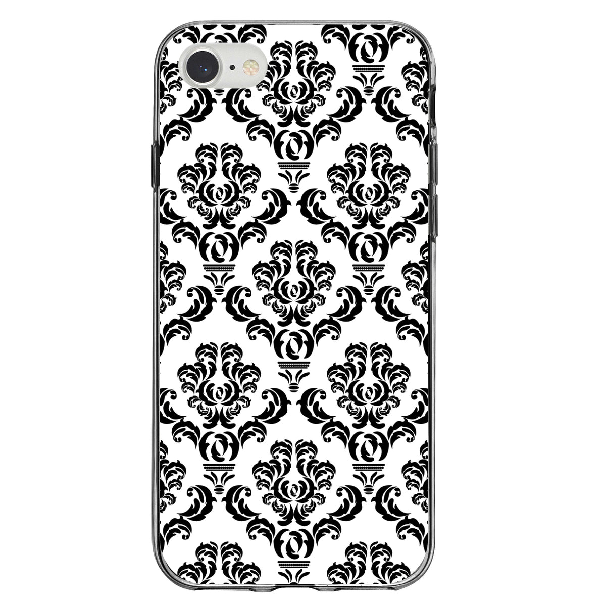 White Black Damask Pattern Clear Shockproof iPhone Case, view 5