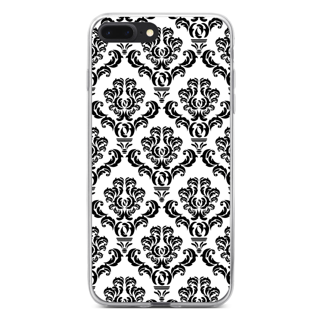 White Black Damask Pattern Clear Shockproof iPhone Case, view 6