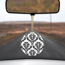 DistinctInk® Hanging Ceramic Christmas Tree Ornament with Gold String - Great Gift / Present - 2 3/4 inch Diameter - White Black Damask Pattern