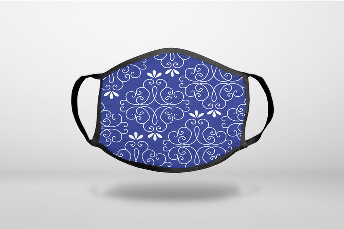 Dark Blue White Floral - 3-Ply Reusable Soft Face Mask Covering, Unisex, Cotton Inner Layer