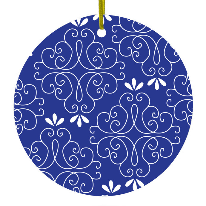 Dark Blue White Floral Ceramic Ornament
