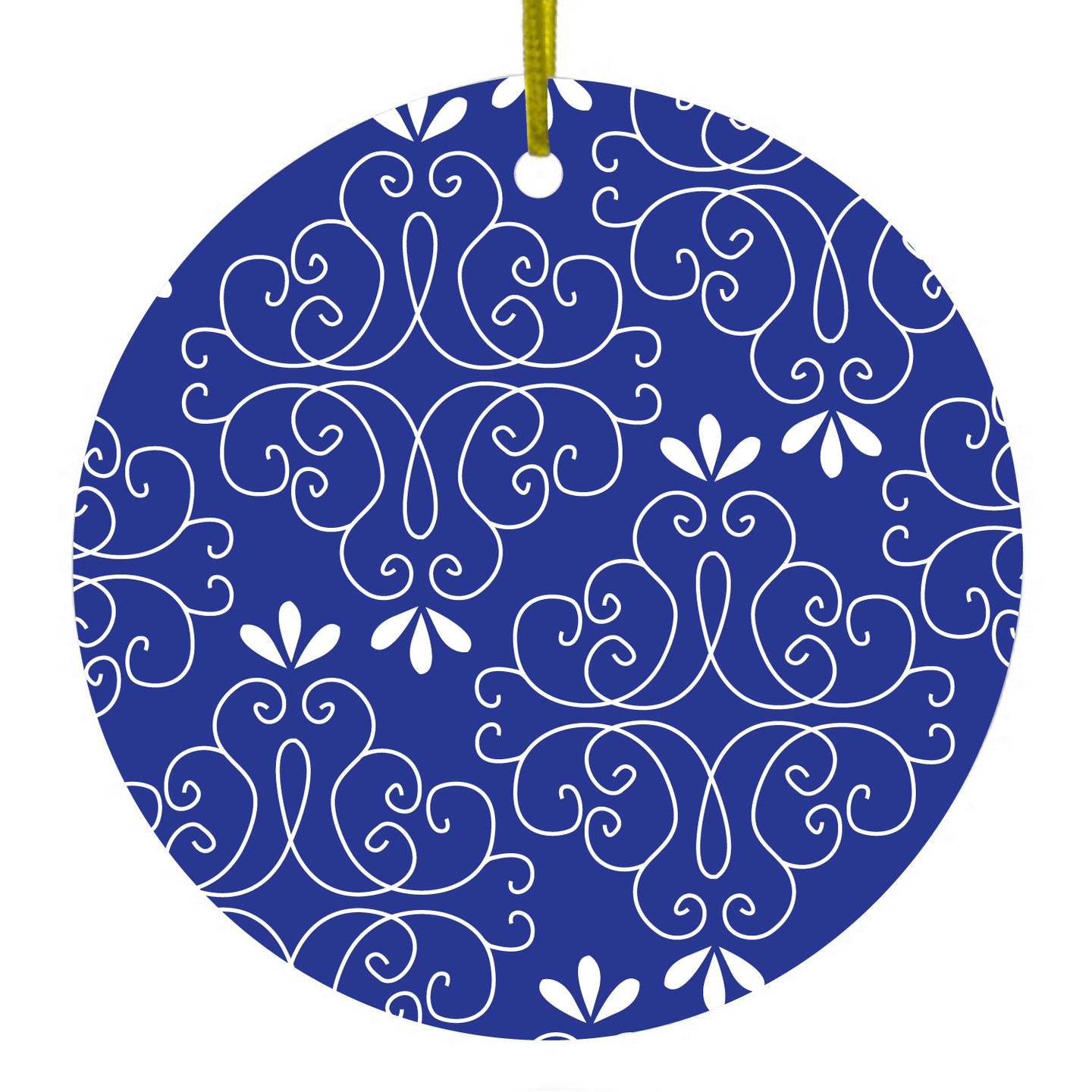 DistinctInk® Hanging Ceramic Christmas Tree Ornament with Gold String - Great Gift / Present - 2 3/4 inch Diameter - Dark Blue White Floral
