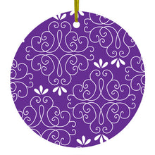 DistinctInk® Hanging Ceramic Christmas Tree Ornament with Gold String - Great Gift / Present - 2 3/4 inch Diameter - Purple White Floral
