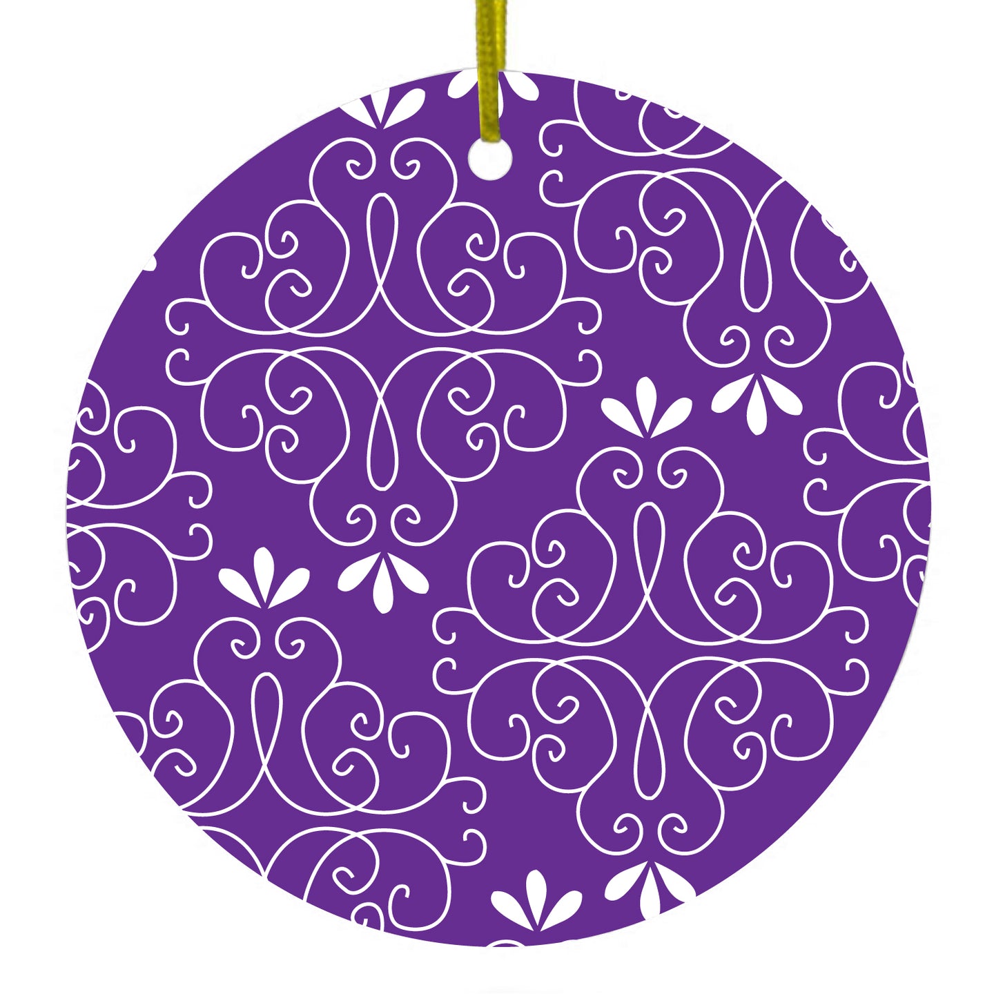 DistinctInk® Hanging Ceramic Christmas Tree Ornament with Gold String - Great Gift / Present - 2 3/4 inch Diameter - Purple White Floral