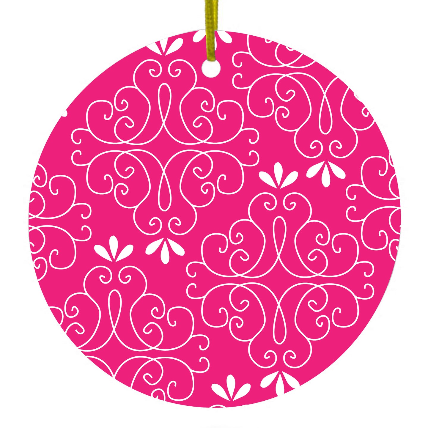 DistinctInk® Hanging Ceramic Christmas Tree Ornament with Gold String - Great Gift / Present - 2 3/4 inch Diameter - Neon Pink White Floral