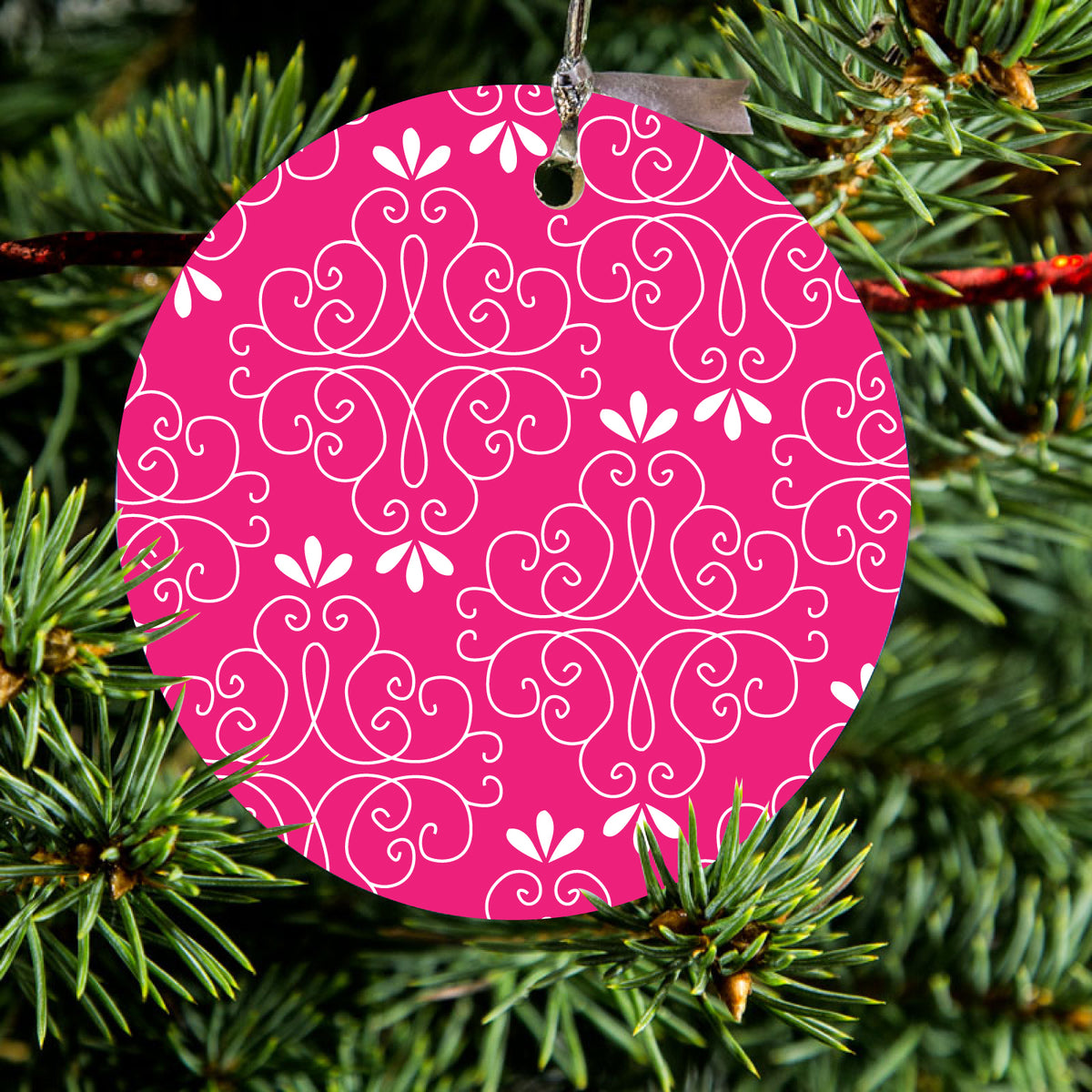 Neon Pink White Floral Ceramic Ornament, view 2