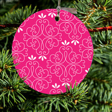 DistinctInk® Hanging Ceramic Christmas Tree Ornament with Gold String - Great Gift / Present - 2 3/4 inch Diameter - Neon Pink White Floral
