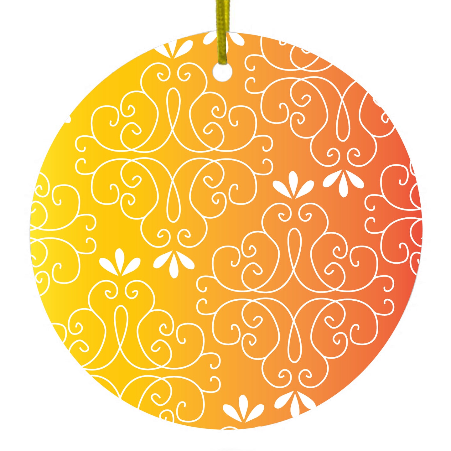 DistinctInk® Hanging Ceramic Christmas Tree Ornament with Gold String - Great Gift / Present - 2 3/4 inch Diameter - Yellow Orange Red Gradient