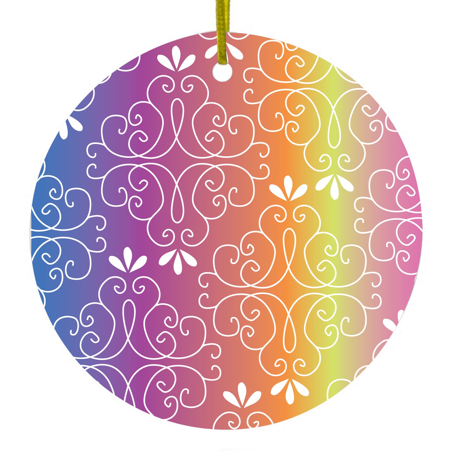 DistinctInk® Hanging Ceramic Christmas Tree Ornament with Gold String - Great Gift / Present - 2 3/4 inch Diameter - Blue Purple Orange Yellow Pink Gradient