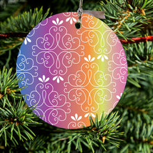 DistinctInk® Hanging Ceramic Christmas Tree Ornament with Gold String - Great Gift / Present - 2 3/4 inch Diameter - Blue Purple Orange Yellow Pink Gradient