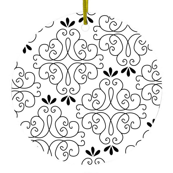 Black White Floral Pattern Ceramic Ornament
