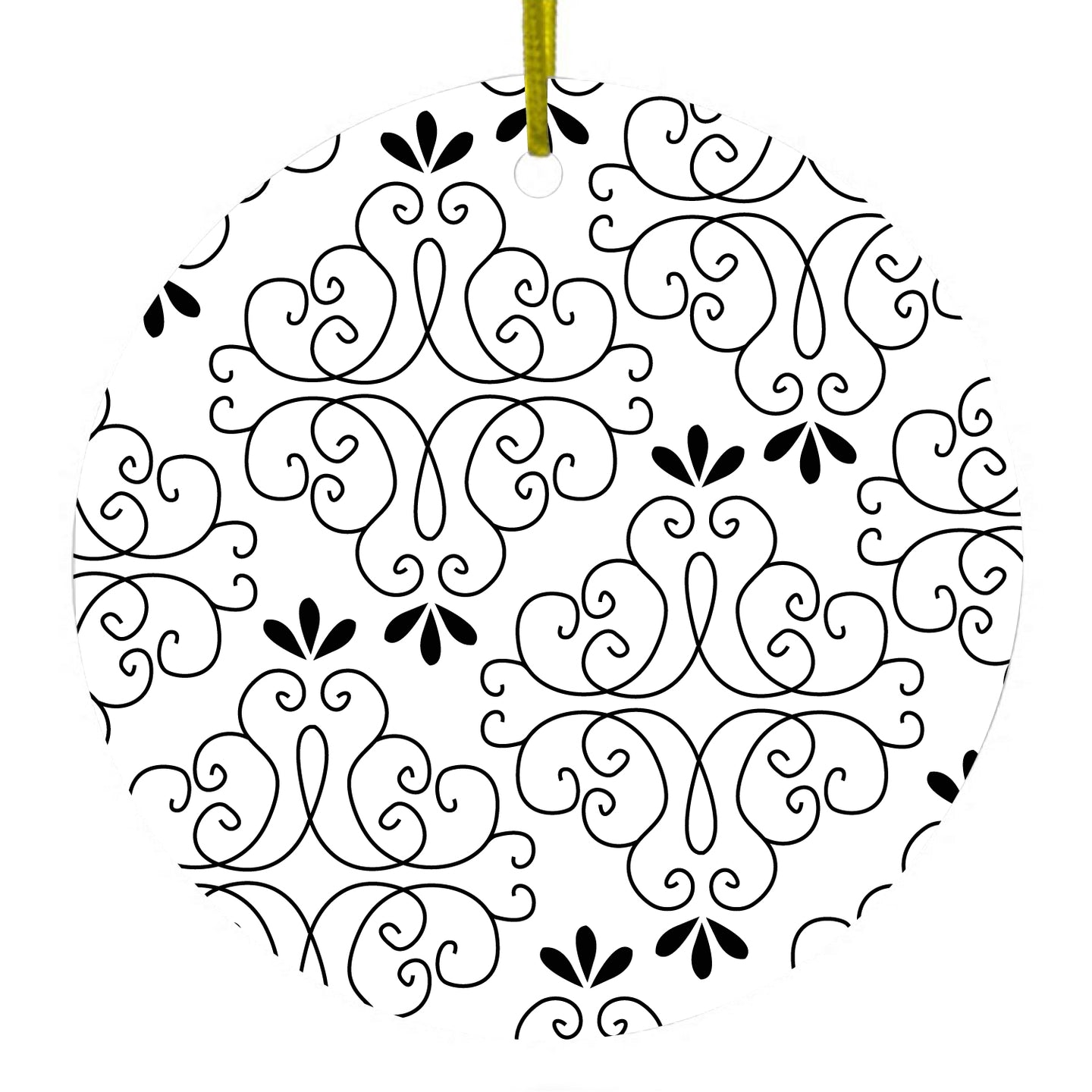 DistinctInk® Hanging Ceramic Christmas Tree Ornament with Gold String - Great Gift / Present - 2 3/4 inch Diameter - Black White Floral Pattern