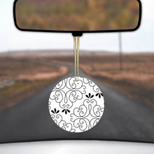 DistinctInk® Hanging Ceramic Christmas Tree Ornament with Gold String - Great Gift / Present - 2 3/4 inch Diameter - Black White Floral Pattern