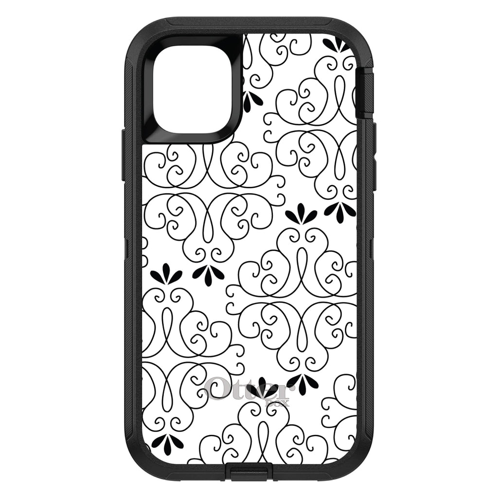 Black White Floral Pattern OtterBox Defender Case for iPhone & Galaxy, view 2